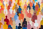 Illustrated crowd of diverse people represented by colourful human-shaped figures.