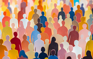 Illustrated crowd of diverse people represented by colourful human-shaped figures.