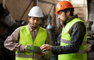 Two facilities management staff members wearing high visibility waistcoats and hard hats.