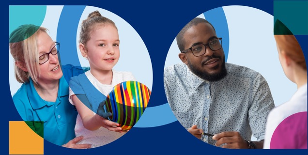 Two scenes show supportive interactions: on the left, an adult and a child hold a brightly striped ball; on the right, two adults sit facing each other in conversation. Circular graphic shapes frame both scenes on a blue background.
