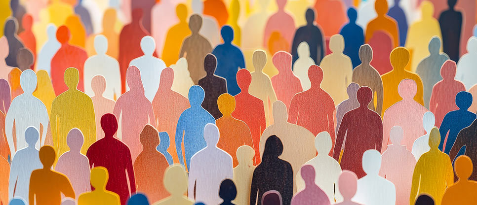 Illustrated crowd of diverse people represented by colourful human-shaped figures.