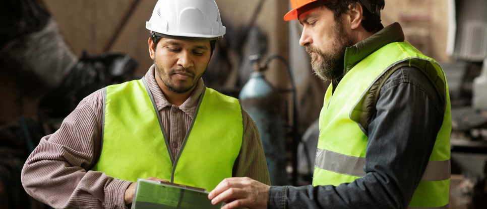 Two facilities management staff members wearing high visibility waistcoats and hard hats.